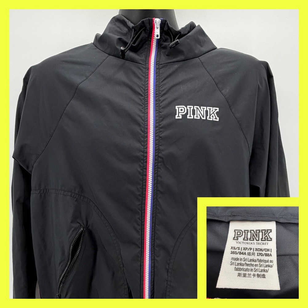 Victoria's Secret PINK Windbreaker Jacket XS‎ Black Americana Red White Blue Zip